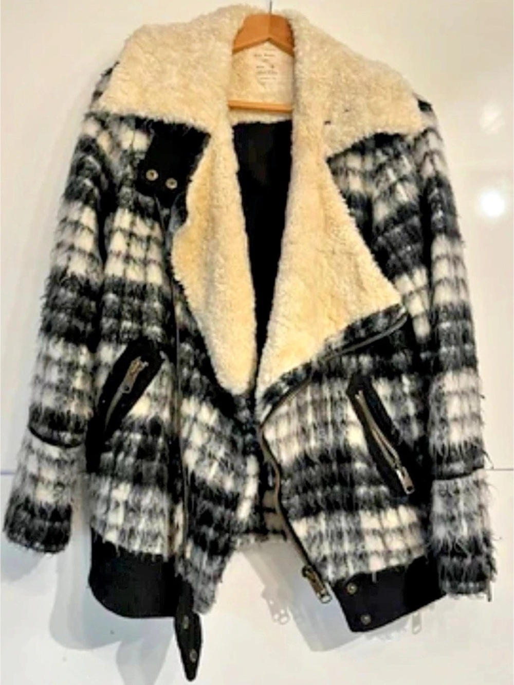 Free People Check Me Out Moto Jacket Plaid Black & White Medium